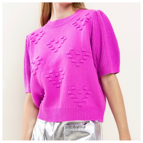 3D Heart Textured Balloon Sleeve Knit Sweater Top - Picture 6 of 6
